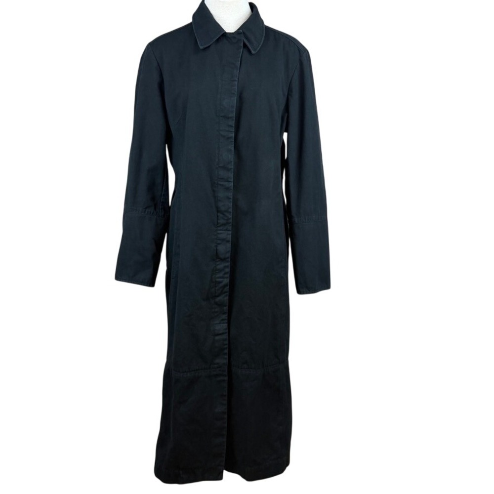 Vintage Y2K GAP Black Trench Coat Womens (XL) Hidden Snap‎ Pockets Duster Cotton